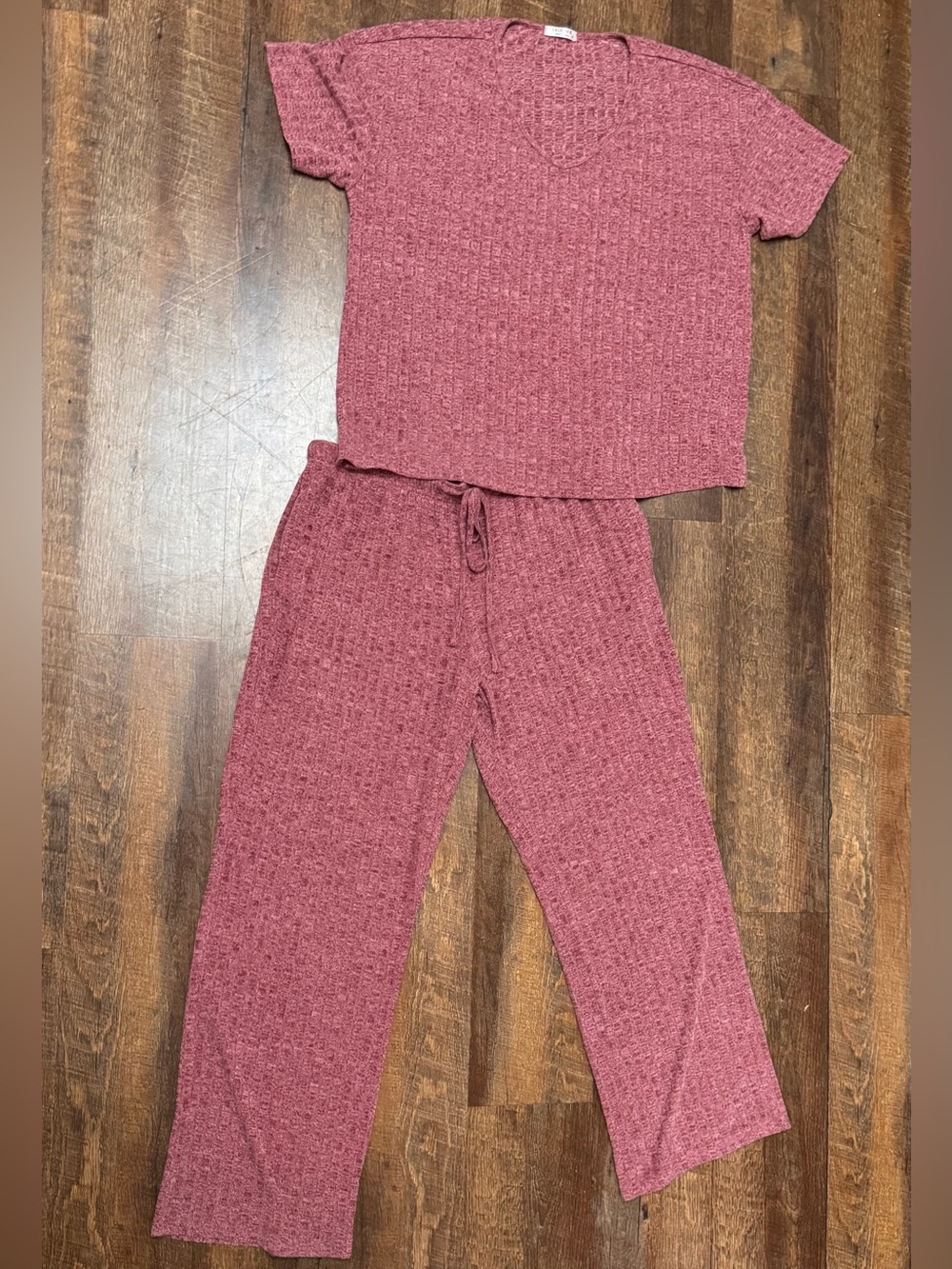 Ekouaer XL Heather Maroon Ribbed Knit 2 Piece Lounge Set Wide Leg Pants